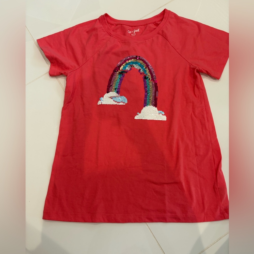 Cat & Jack Red Tee with Sequin Rainbow